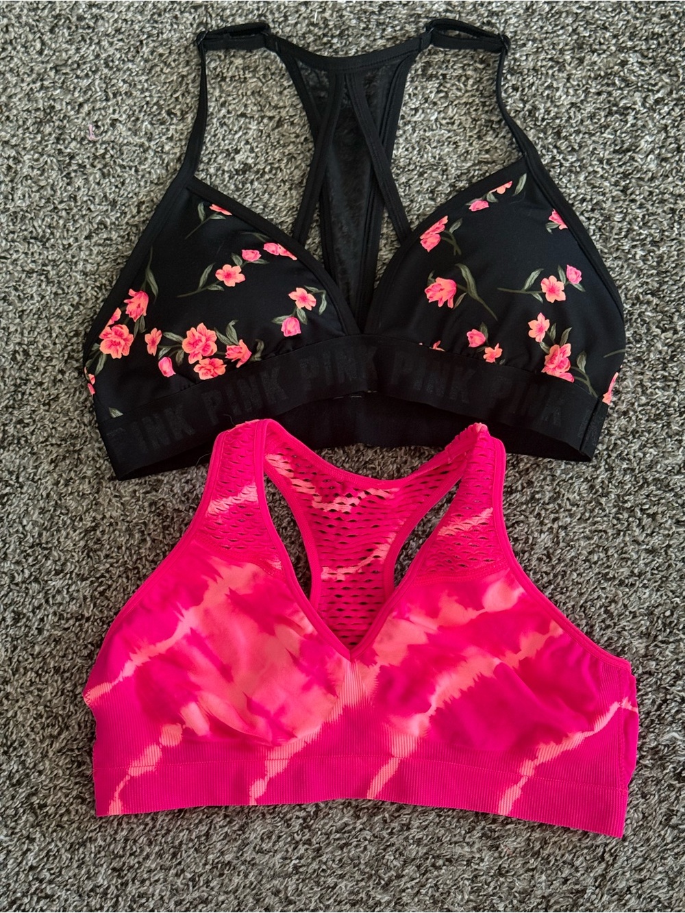 PINK Victoria's Secret Black Floral Bralette & Hot Pink Seamless Sports Bra Set